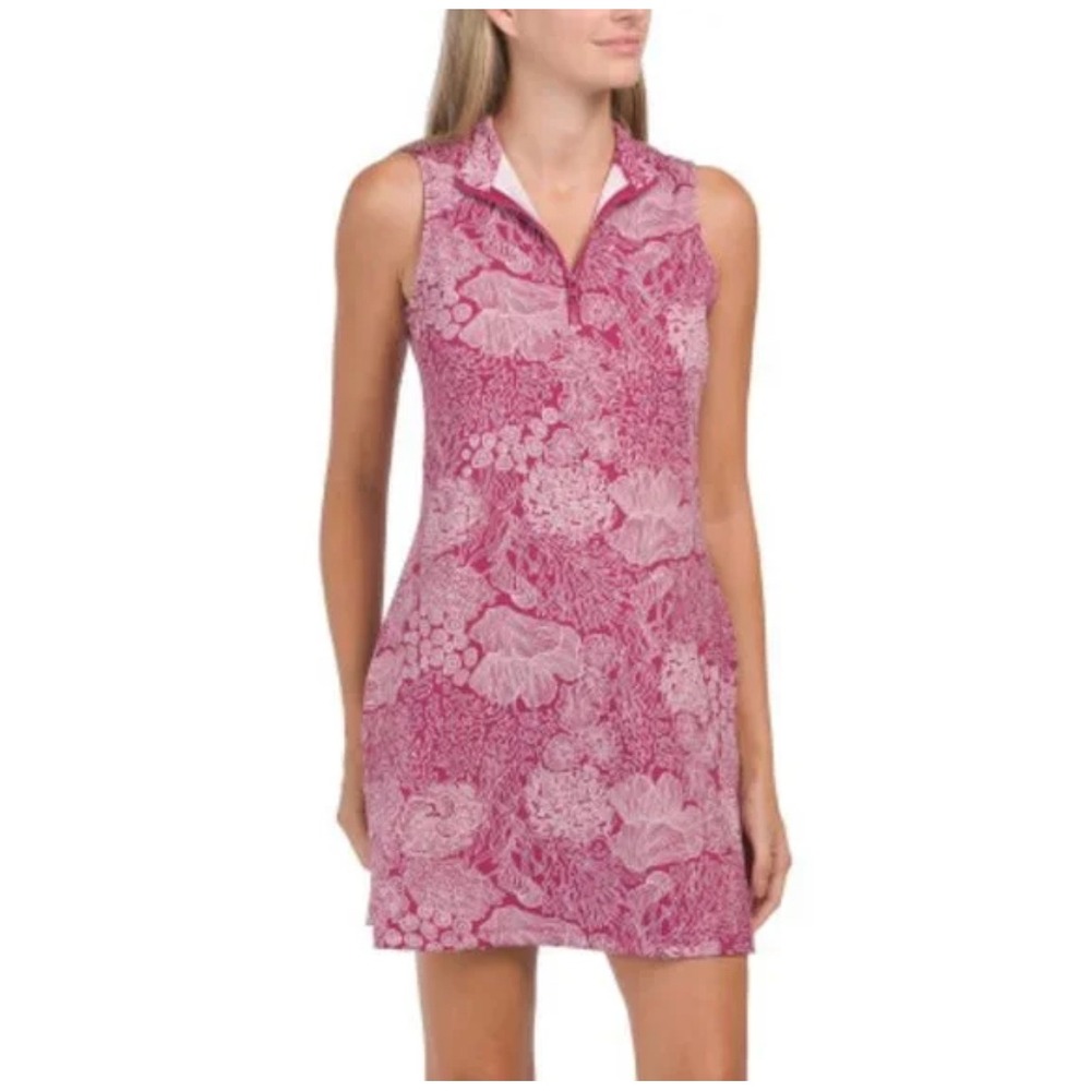 Tommy Bahama Golf & Tennis Pink resort Coral Floral Sleeveless Zip Dress Small